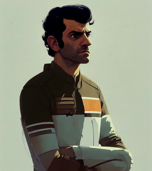 Prompt: portrait of poe dameron by atey ghailan, by greg rutkowski, by greg tocchini, by james gilleard, by joe fenton, by kaethe butcher, dynamic lighting, gradient light blue, brown, blonde cream and white color scheme, grunge aesthetic