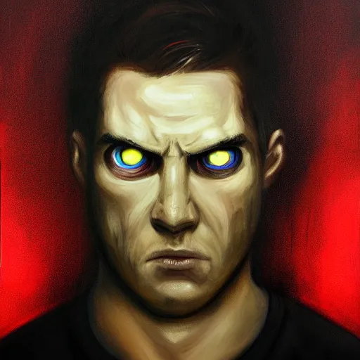 Image similar to head and shoulders view of man looking down to the side angry scowling glowing red eyes intmidating concept art painting ryan church dark moody lighting