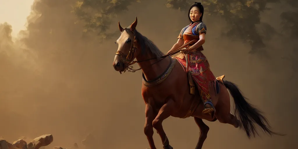 Image similar to painting of asian lady on horseback, hyper - realistic, unreal engine, octane render, digital art, trending on artstation, 8 k, detailed, atmospheric, immaculate