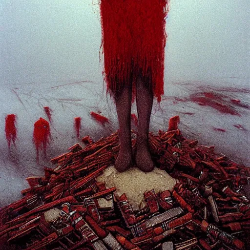 Prompt: a surrealist painting of a lonely woman with white skin and red hair, standing over pile of bodies in post apocalyptic snowy landscape, painted by beksinski