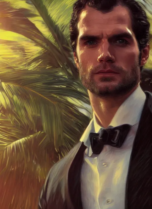 Image similar to portrait of henry cavill as james bond, key art, palm trees, vintage aston martin, highly detailed, digital painting, artstation, concept art, cinematic lighting, sharp focus, illustration, by gaston bussiere alphonse mucha