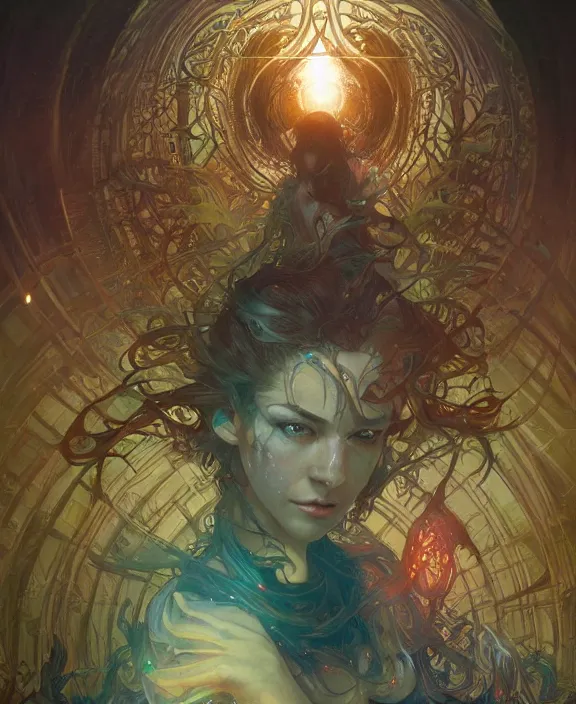 Image similar to a whirlwind of souls rushing inside the metaverse, half body, glowin eyes, insect, lizard, d & d, fantasy, intricate, elegant, highly detailed, colorful, vivid color, digital painting, artstation, concept art, art by artgerm and greg rutkowski and alphonse mucha and ruan jia