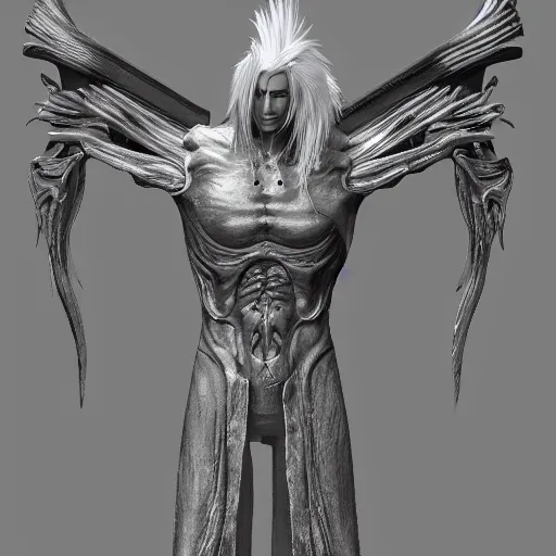 Image similar to sephiroth, a computer rendering by h. r. giger, trending on zbrush central, neoplasticism, zbrush, reimagined by industrial light and magic, # vfxfriday