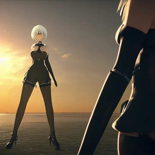 Image similar to 2B from NieR Automata looking at a sundown