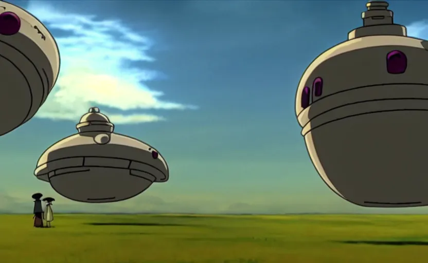 Image similar to a cell - shaded cartoon movie still from howl's moving castle ( 2 0 0 4 ) of a chrome ufo. very dull muted colors, hd, 4 k, hq