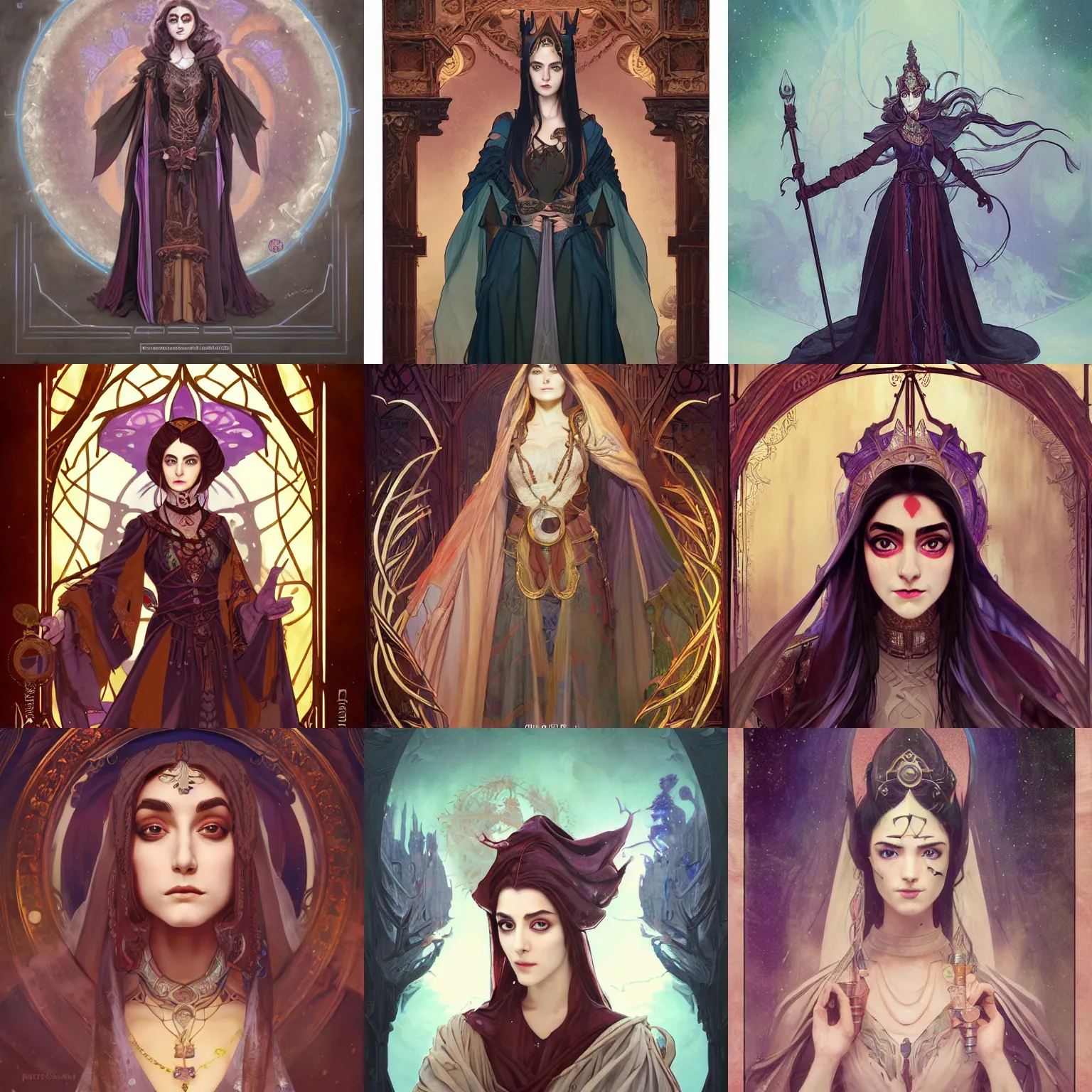 Prompt: masterpiece head-on symmetrical centered painted portrait, Maya Ali as D&D Mage, Gloomhaven game style, wearing wizard robes, elegant, tarot card background, in the style of ROSSDRAWS and Ruan Jia and Ross Tran and Alphonse Mucha and Ayami Kojima and Charlie Bowater and Karol Bak and Jean Delville, pixar, maya engine, splash comics, global illumination lighting, rich bright colours