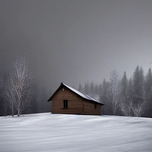 Image similar to a cabin on a hill, snowatorm, winter, smoke rising from the pipe, by alex andreev, landscape, high contrast, digital