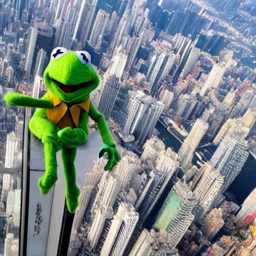 Image similar to kermit the frog scaling the empire state building like hong kong