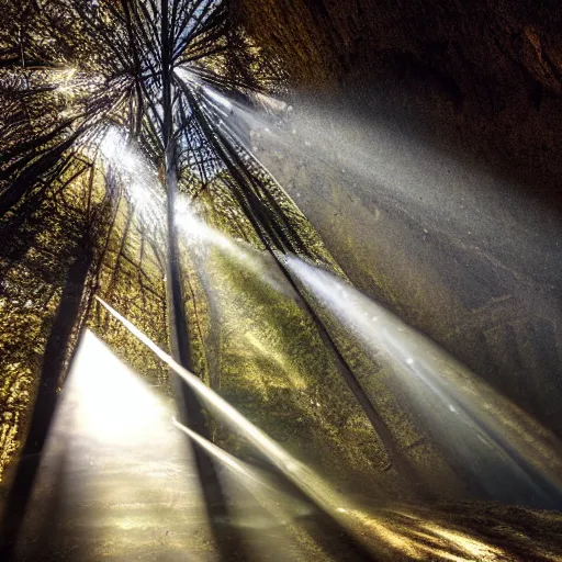 Prompt: clockwork afternoon forest ground shadows and volumetric sunbeams, geometric, cave entrance portal to alien landscape, by anson maddocks, charles o. perry, zack snyder, trending on 5 0 0 px, intricate, wavy, wide - angle, kodak ektar