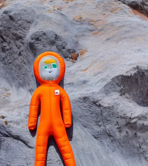 Prompt: a tall giant slender inflatable astronaut figure with an orange and teal suit, stood in a pink misty rocky landscape