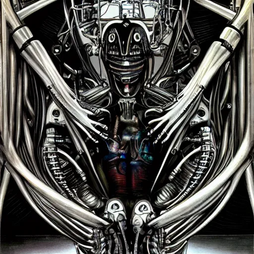 Image similar to britney spears encased in biomechanical machine, heavy conduits, complex scene, rich composition, heavy in detail, corruption, smooth, sharp focus, airbrush, illustration, symmetrical, art by h. r. giger