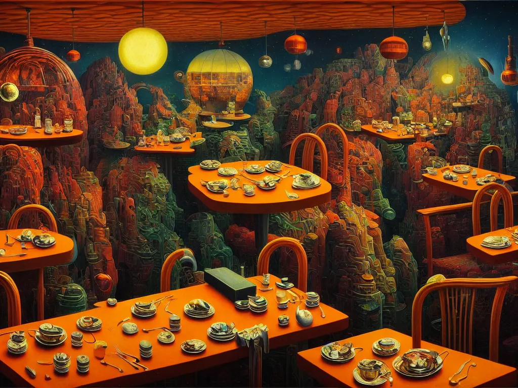 Prompt: hyper detailed 3d render like a Oil painting - diner at the end of the universe by Jacek Yerka, Mariusz Lewandowski, Houdini algorithmic generative render, Abstract brush strokes, Masterpiece, Edward Hopper and James Gilleard, Zdzislaw Beksinski, Mark Ryden, Wolfgang Lettl, hints of Yayoi Kasuma, octane render, 8k