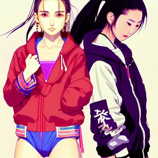 Prompt: a beautiful japanese natalie portman gravure model, wearing oversized native designer bomber jacket and leotard with overalls, bulky poofy bomber jacket with mesoamerican patterns, mesoamerican native street fashion, gapmoe yandere grimdark, trending on pixiv fanbox, painted by greg rutkowski makoto shinkai takashi takeuchi studio ghibli, akihiko yoshida