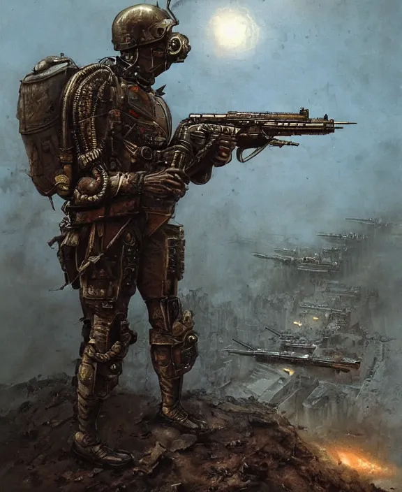 Image similar to a soldier in steampunk armour firing his gun in a deadly world war, by HR Giger and Beksiński and Stephan Martiniere , 4k resolution, detailed, trending on artstation