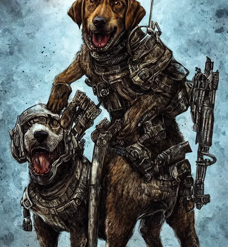 Image similar to a good ol'hound dog fursona ( from the furry fandom ), heavily armed and armored facing down armageddon in a dark and gritty version from the makers of mad max : fury road. witness me.