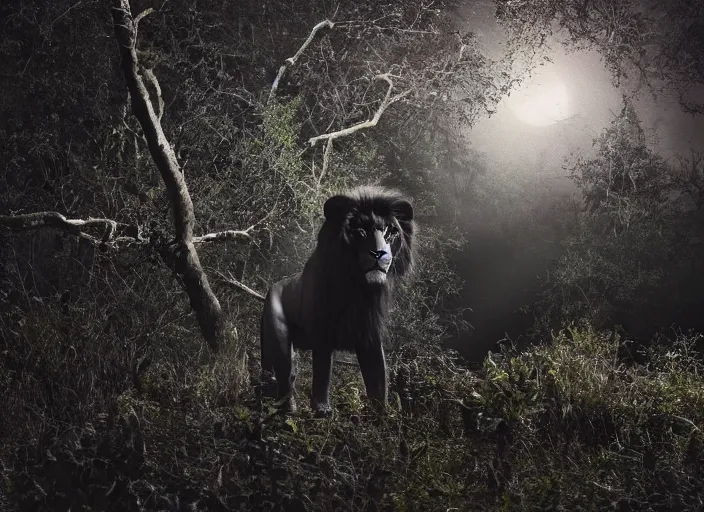 Image similar to professional wildlife photograph of a black lion standing in a dark jungle at night, surrounded by surreal trees, cinematic lighting, apex predator, natgeo