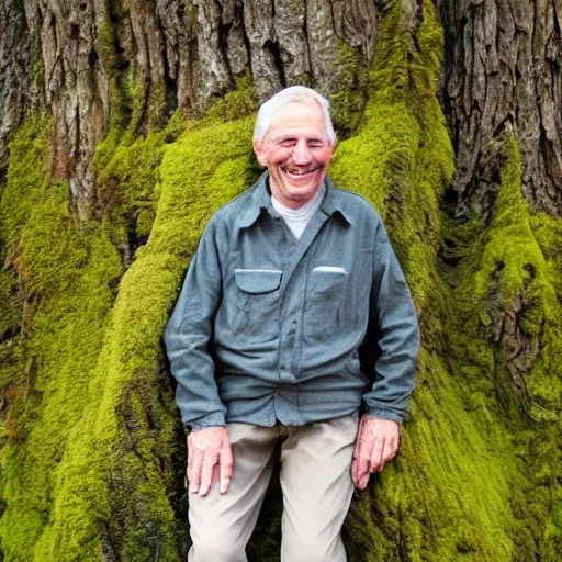 Prompt: a smiling old man covered in moss