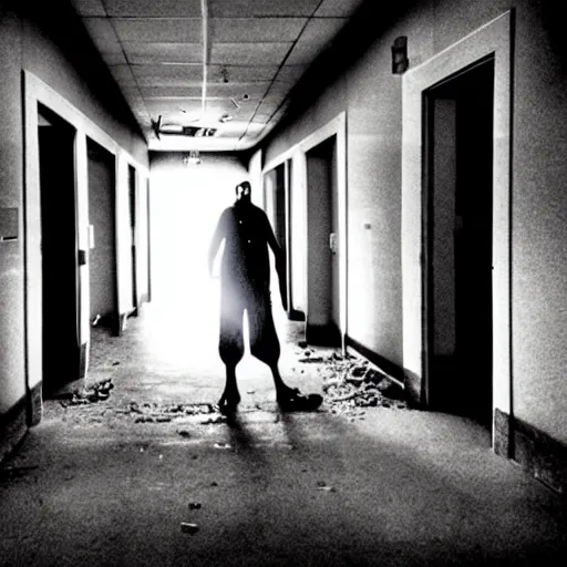 Image similar to a scary and grotesque monster lurking in an abandoned hospital hallway, grotesque, scary, dark, low lighting.