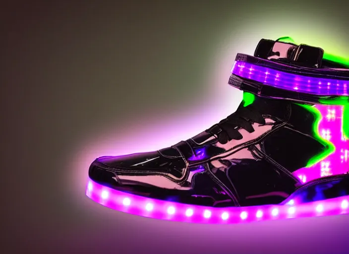 Image similar to generative design sneakers with led skin in the style of cyberdog, product shot, dynamic neon lighting