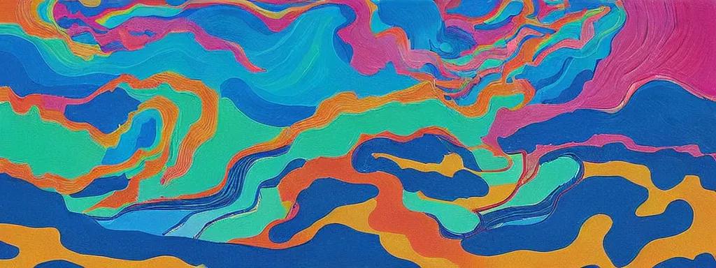 Image similar to Psychedelic sci-fi dreamworld. Landscape painting. Organic. Winding rushing water. Waves. Clouds. Wayne Thiebaud. David Hockney.