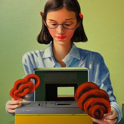 Image similar to computer girl is connected to her retro vintage computer by mycelium bio filament connections. oil painting and ultra realistic. the image transmit a sense of wonder and exploration. the art is incredibly detailed. the characters are all unique and interesting.