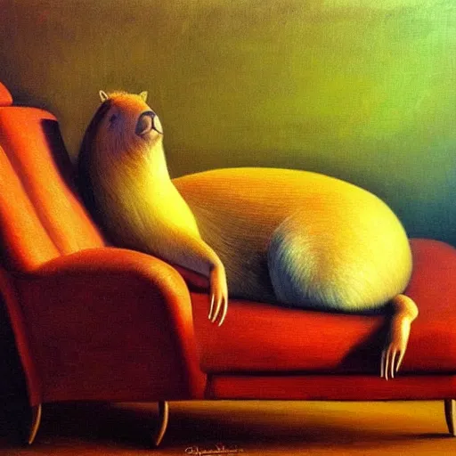 Image similar to capybara relaxing on couch | style salvadore dali | oil painting | featured artstation | impressionist