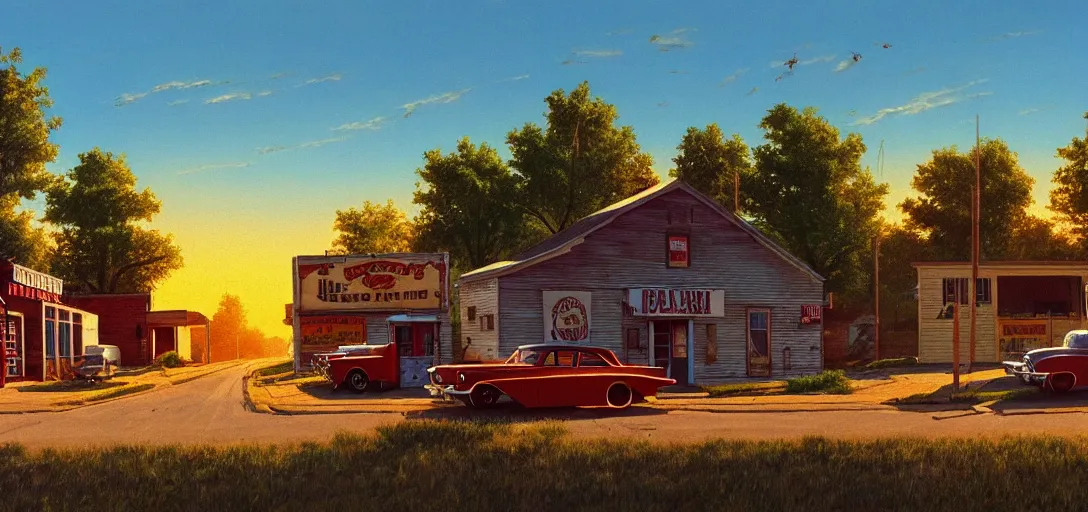 Prompt: concept art a small rural town in middle America in the 1960s, detailed, Americana, golden hour