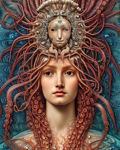 Image similar to hyperrealistic detailed underwater face portrait of the beautiful goddess of the jellyfish with an intricate headgear of corals, sea kelp, sea plants, fish, starfish, jellyfish, art by ernst haeckel, john william godward, android jones, gothic - cyberpunk, ornamental, beautiful deep colours,