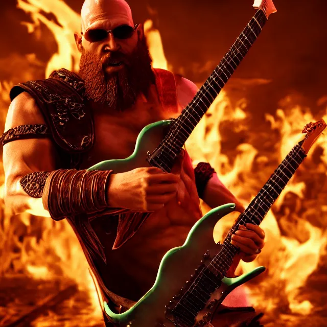 Prompt: sunglasses kratos shredding on a flaming stratocaster guitar, cinematic render, god of war 2 0 1 8, santa monica studio official media, sunglasses, lightning, stripe over eye