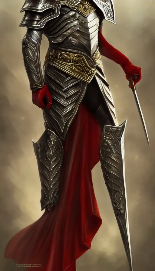 Image similar to A medium shot portrait of a male elf, he is about 20 years old, attractive, lean but muscular, serious composure, short silver hair, prideful look, he is wearing black heavy armor with gold plating and a red cape, highly detailed portrait, digital painting, ArtStation, concept art, smooth, sharp focus illustration