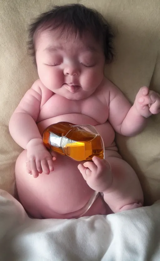 Image similar to fat baby drinks a bottle of whisky