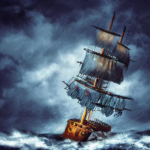 Prompt: Pirate ship sinking in a storm, digital art
