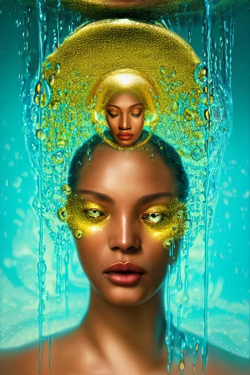 Image similar to hyperrealistic neo - renaissance cinematic super expressive! oshun goddess with droplet armor, staring at herself in a liquid mirror, gold flowers, highly detailed digital art masterpiece, smooth etienne sandorfi eric zener dramatic pearlescent soft teal light, ground angle uhd 8 k, sharp focus