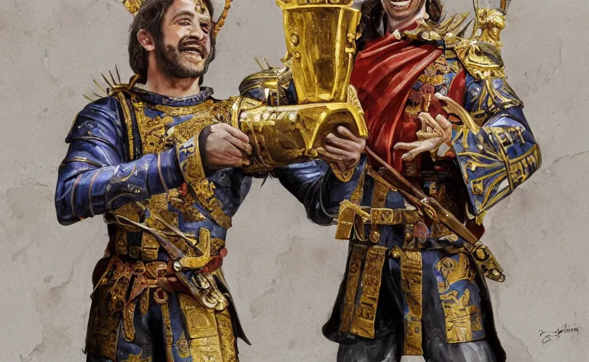 Image similar to smiling spanish conquer soldier francisco pizarro holding golden cup on a inca temple, highly detailed, digital painting, artstation, concept art, sharp focus, dreamy illustration, art by katsuhiro otomo ghost - in - the - shell, magali villeneuve, artgerm, rutkowski jeremy lipkin and giuseppe dangelico pino and michael garmash and rob rey