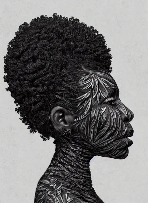 Prompt: a beautiful black woman's face in profile made of leaf skeleton, white hair, in the style of the dutch masters and rene magritte, dark and moody, matte, 8 k, hyper detailed, hyper realistic, intricate detail,