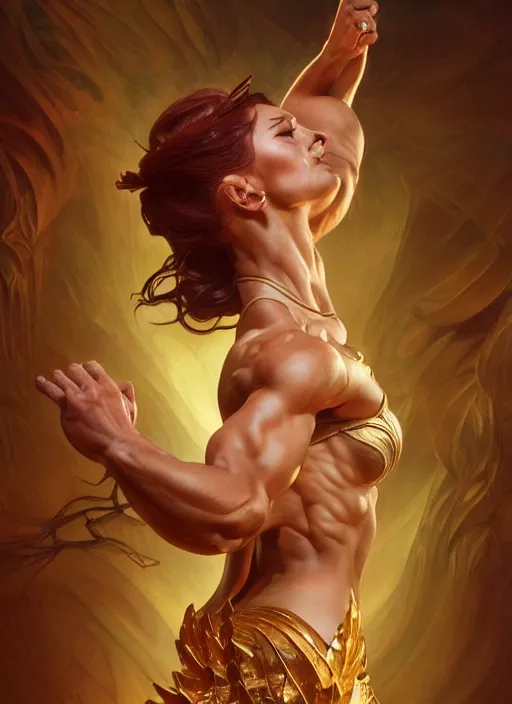 Image similar to muscular goddess dancer of the underworld, severe expression, crooked nose, shiny, intricate, elegant, highly detailed, ultra definition, digital painting, artstation, vray, concept art, smooth, high speed photography, illustration, art by artgerm and greg rutkowski and alphonse mucha and james jean