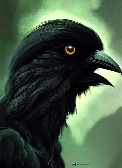 Image similar to side portrait dark crow (animal), close-up, fantasy forest landscape, moonshine, fantasy magic, nice black feather, proud, green dark light night, intricate, elegant, sharp focus, illustration, highly detailed, digital painting, concept art, matte, art by WLOP and Artgerm and Greg Rutkowski and Alphonse Mucha, masterpiece