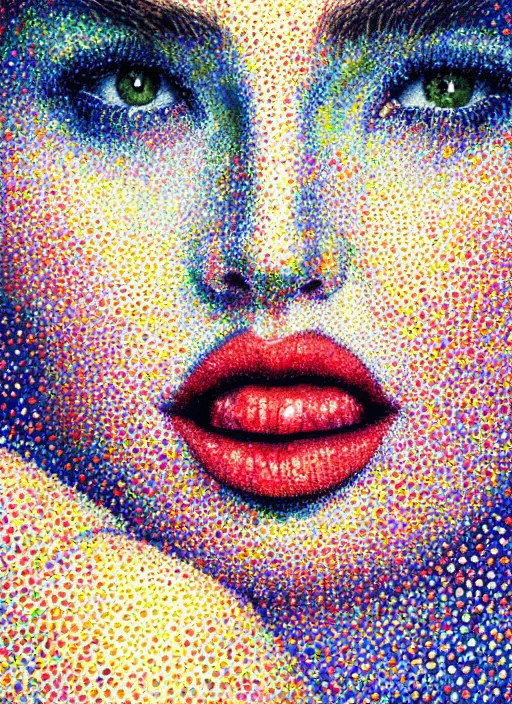 Prompt: a beautiful detailed pointillism art illustration of a girl in the face biting her lip, centered, by chuck close and rostislaw tsarenko, trending on artstation, vivid colors, dim dusk lighting, cinematic lighting, detailed lighting, volumetric lighting, realistic, f 8, 4 k hd wallpaper