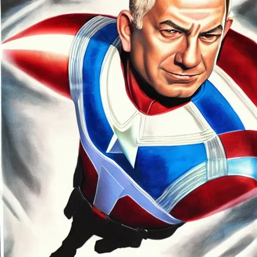 Image similar to A portrait of Benjamin Netanyahu as Captain America by Alex Ross, detailed