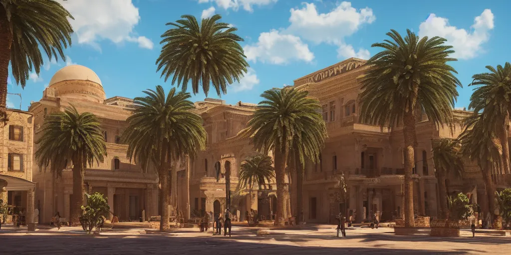 Image similar to khedival opera house, talaat Harb Square cairo, epic wide shot in unreal engine 5, beautiful clouds, dappled afternoon sunlight, acacia trees, date palm trees, shrubs, flowers, 4k, colorful, octane render, artstation