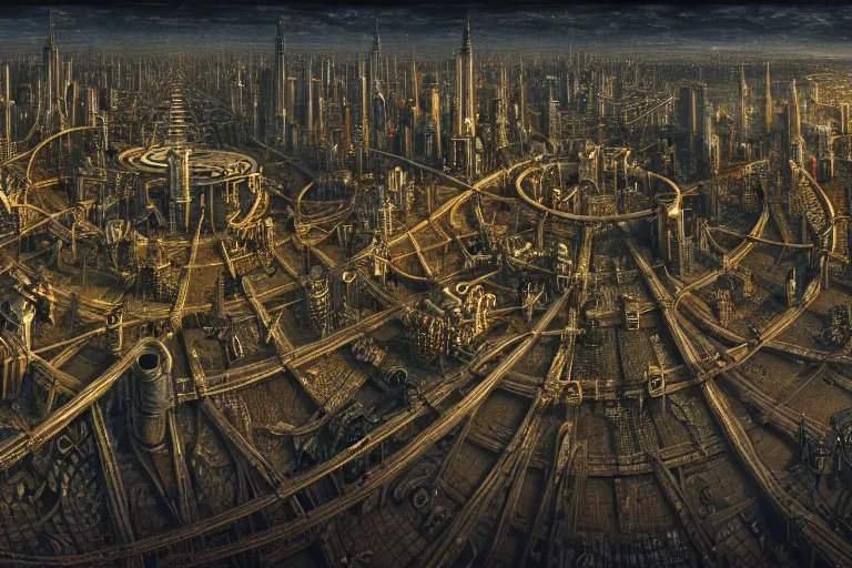 Image similar to an elaborate penned illustration of a apocalyptic intricate connected city of tubes and pipes, by jan van haasteren and jheronimus bosch, unreal engine, physically based rendering, ariel view, tilt - shift, grim, moody, cinematic