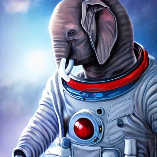 Prompt: A hyper real comic book style portait painting of an elephant in an astronaut suit walking on the moon, unreal 5, hyperrealistic, octane render, cosplay, RPG portrait, dynamic lighting