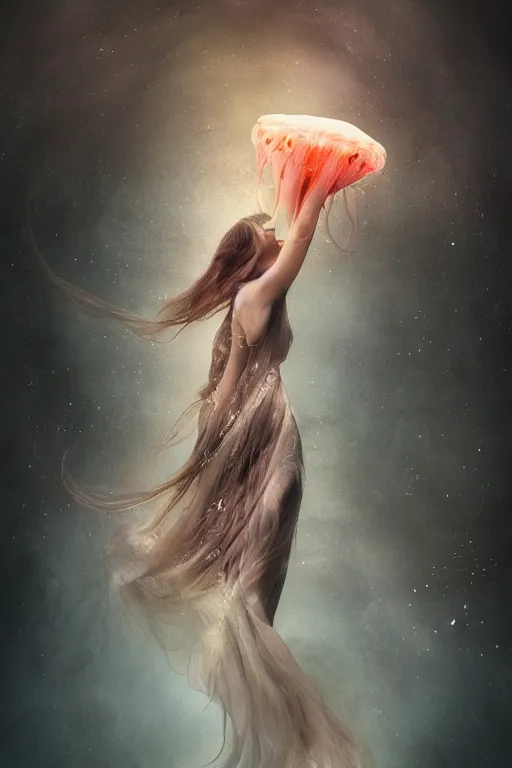 Image similar to A beautiful woman merged with a jellyfish, concept art, atmospheric, photography, magical atmosphere