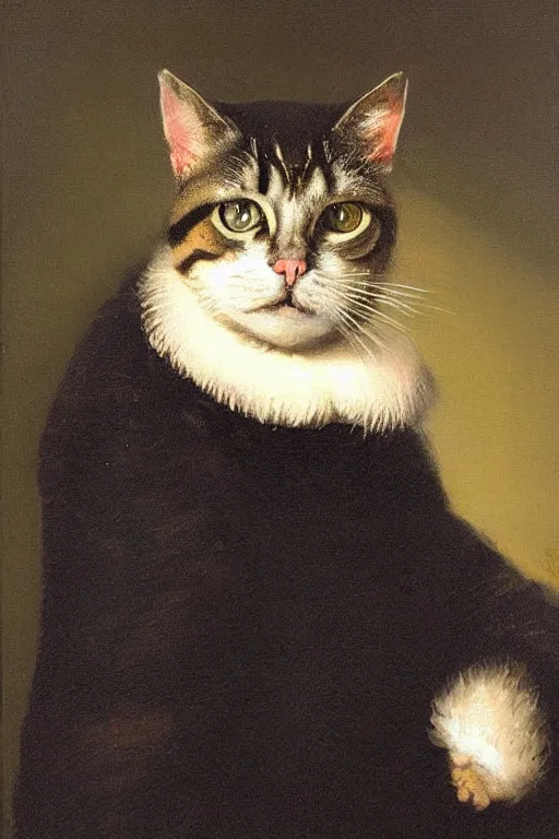 Prompt: An oil painting by Rembrandt of a cat with a president suit