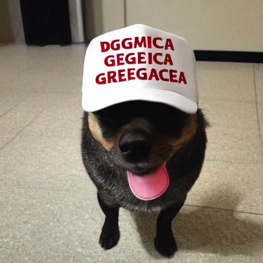 Image similar to doge wearing a make america great again cap