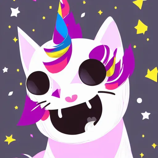 Image similar to a simplified vector based illustration about a very cuteunicorn cat, style of Akira motion movie, space colors, smooth and clean vector curves, no jagged lines, vinyl cut ready