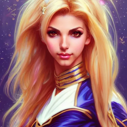 Prompt: Victoria Justice with blonde hair as Sailor Moon, western, D&D, fantasy, intricate, elegant, highly detailed, digital painting, artstation, concept art, matte, sharp focus, illustration, art by Artgerm and Greg Rutkowski and Alphonse Mucha