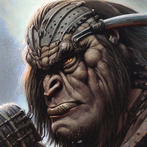 Image similar to head and shoulders portrait of an ogre barbarian, d & d, fantasy, greg rutkowski, frank frazetta, alexandre chaudret, boris vallejo, michael whelan, miro petrov, hr giger, magali villeneuve, donato giancola