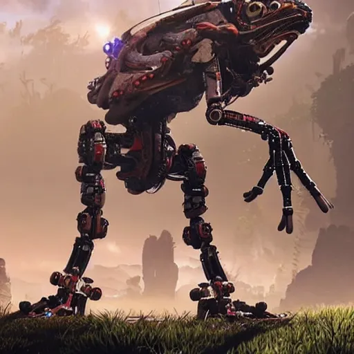 Prompt: a cybernetic robot frog from the game Horizon Zero Dawn. It is standing on all four of its legs.