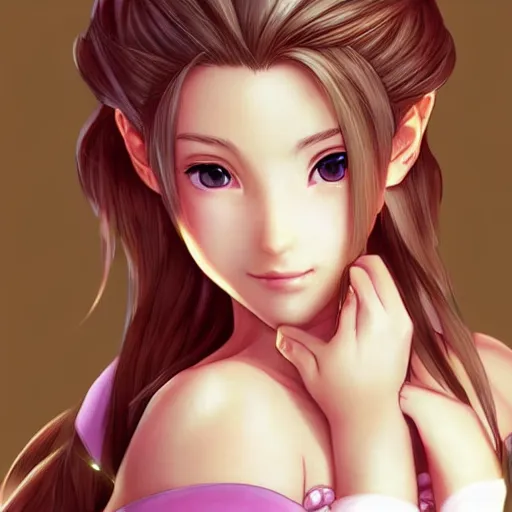 Prompt: very beautiful female aerith from final fantasy, smiling, flirty, eye contact, perfect face, perfect body, drawn by artgerm